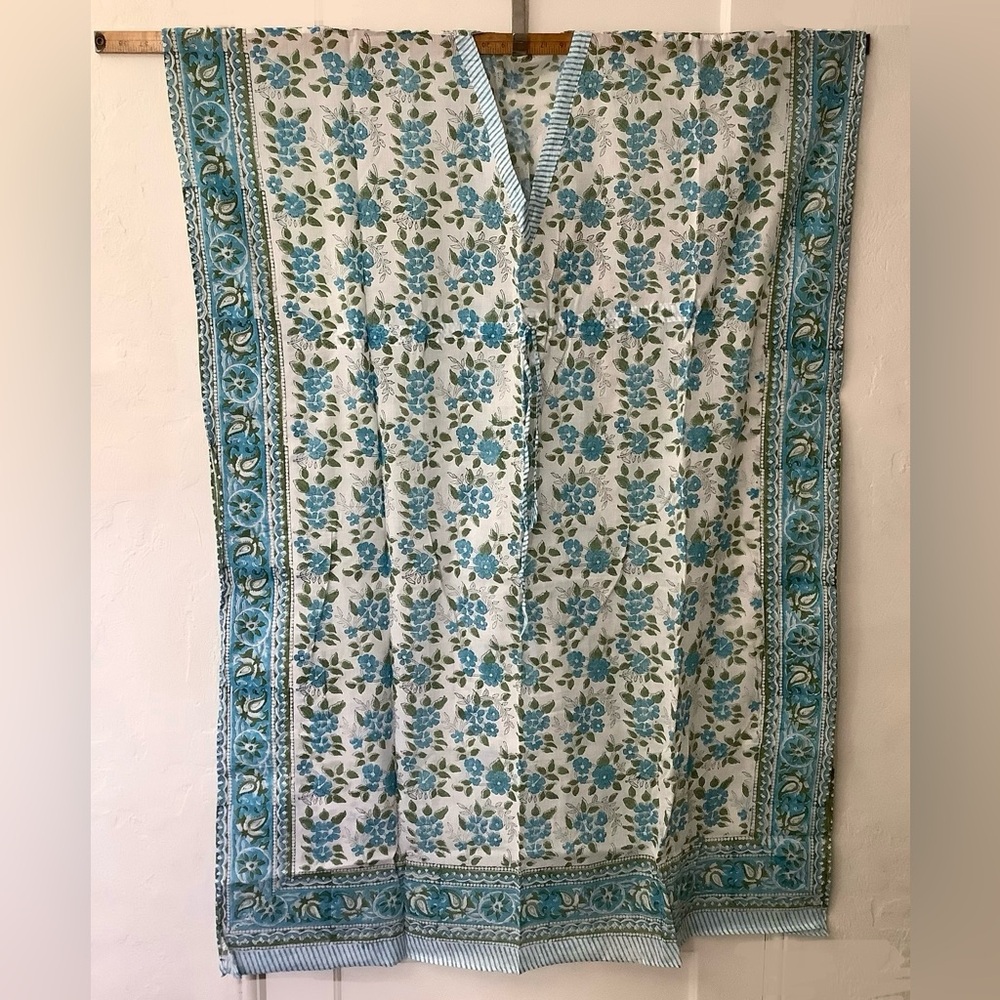 NWOT - Kaftan. One size, stunning blue green Floral India Block Print Elegant - Picture 5 of 6